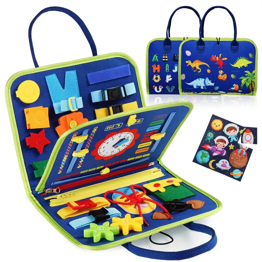 A colorful Montessori busy board for toddlers featuring various sensory learning tools and a matching fabric tote bag.