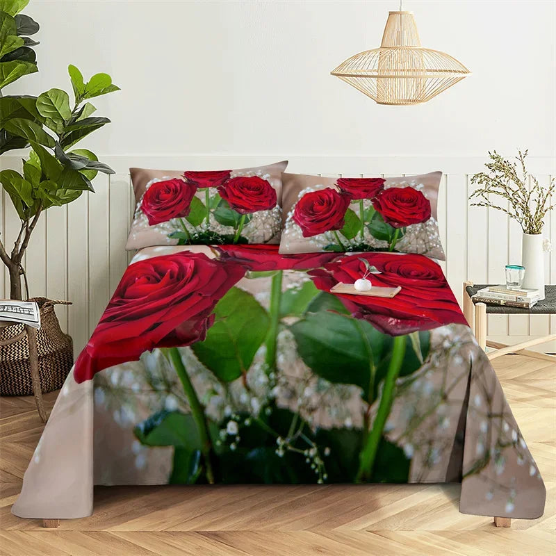 Red rose digital print bedding set featuring large red roses and green foliage