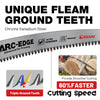 Close-up of an ARC-EDGE fleam ground ground teeth saw blade for pruning, showing its serrated edge and features.