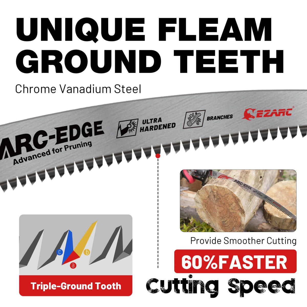 Close-up of an ARC-EDGE fleam ground ground teeth saw blade for pruning, showing its serrated edge and features.