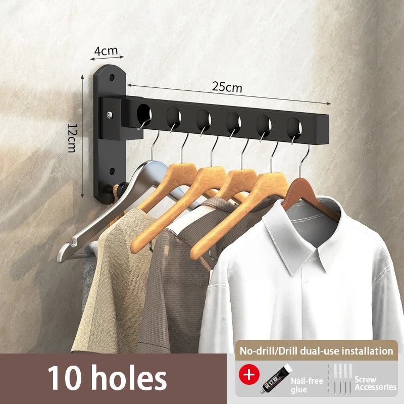 Black wall-mounted clothes drying rack with 10 holes for dual-use installation