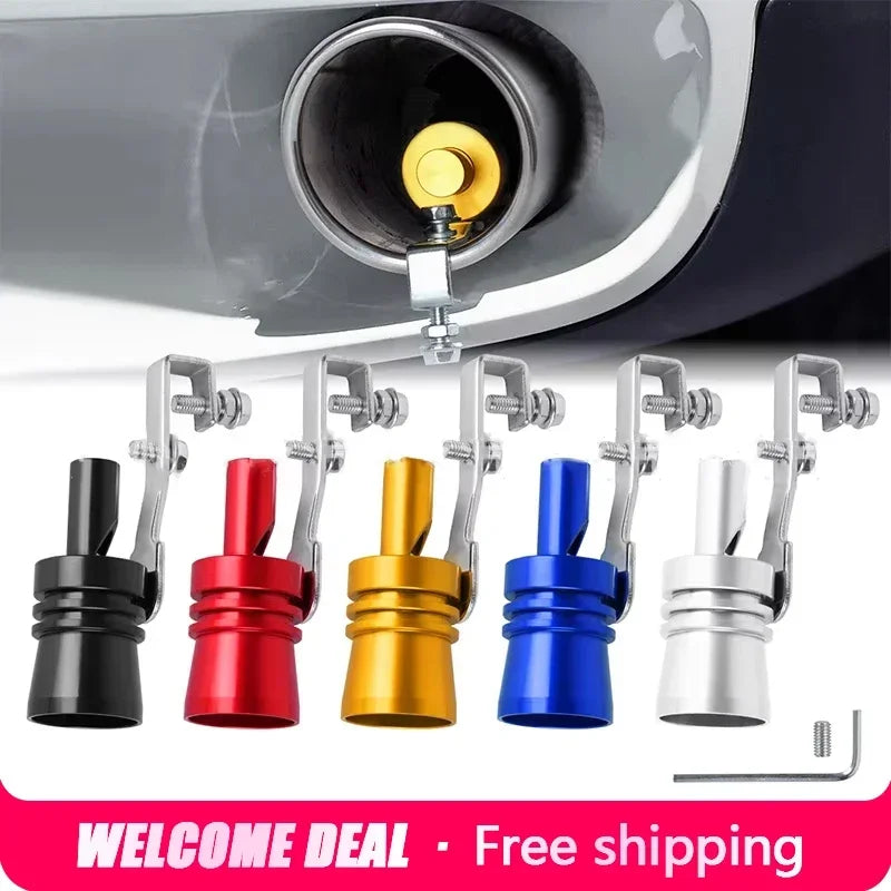 Set of five metal whistles for car exhaust pipes in various colors including black red gold blue and silver