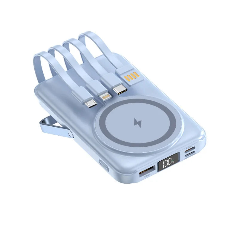 Magnetic Wireless Power Bank 20,000mAh with Built-in Cables and Stand