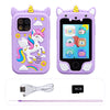 A purple unicorn-themed smart phone with dual cameras and a music player, shown next to its charging cable and an 8GB memory 