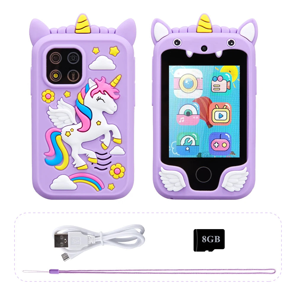 A purple unicorn-themed smart phone with dual cameras and a music player, shown next to its charging cable and an 8GB memory 