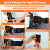 Diagram showing the steps to attach, install, and remove a tool pouch using a quick-release belt clip.