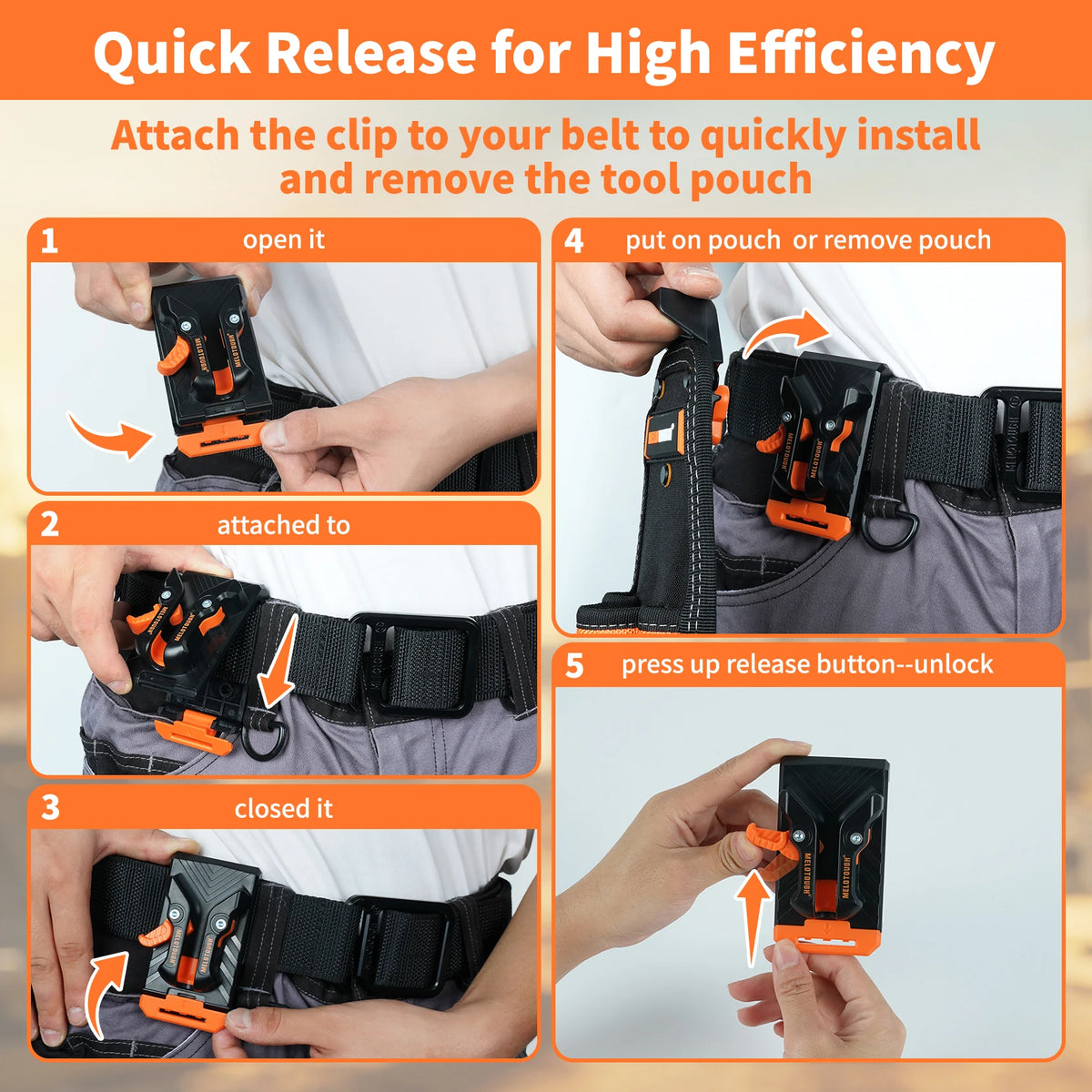 Diagram showing the steps to attach, install, and remove a tool pouch using a quick-release belt clip.