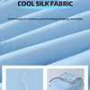 Close-up of a light blue silk fabric quilt showing the quilting process and portable storage.