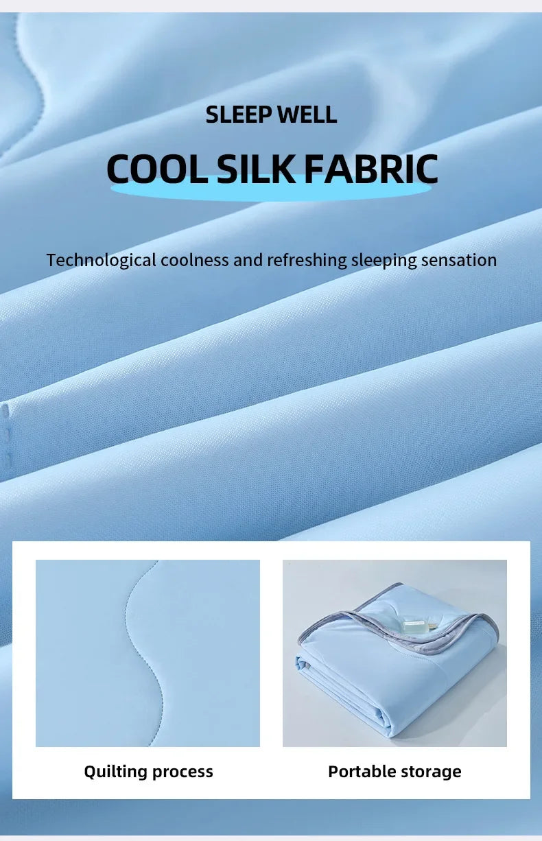 Close-up of a light blue silk fabric quilt showing the quilting process and portable storage.