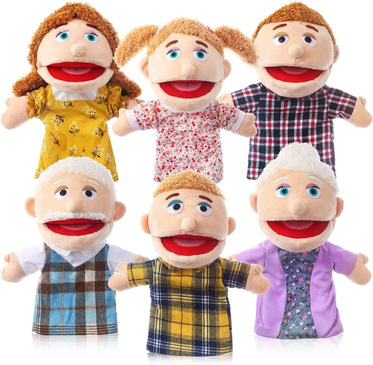 A collection of five soft hand puppets with movable mouths for children
