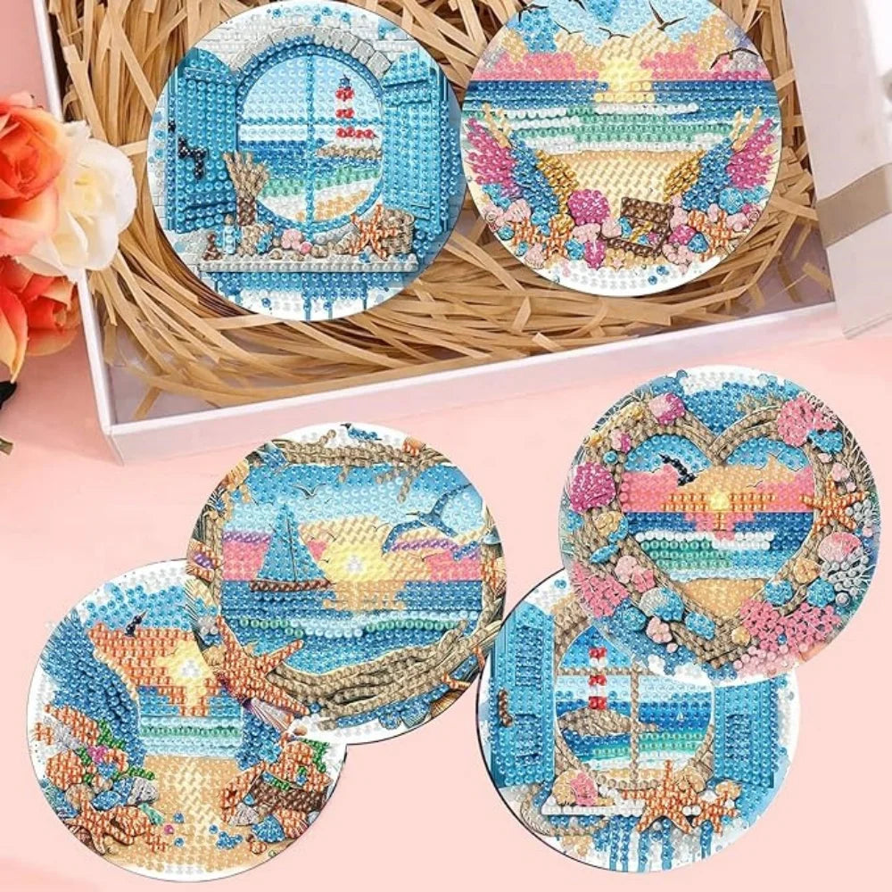 DIY Diamond Art Coaster Set with Holder – 8 Acrylic Coasters for Home Decor and Gifting
