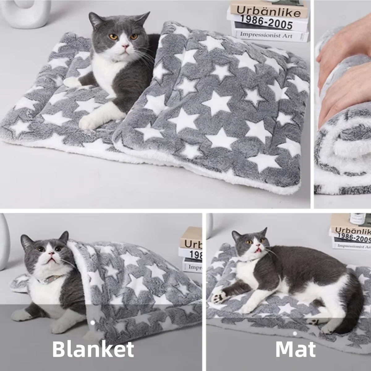 A gray and white patterned plush pet sleeping blanket and mat for cats and small dogs.