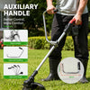 A person holds a silver auxiliary handle for a trimmer, demonstrating better control and comfort.