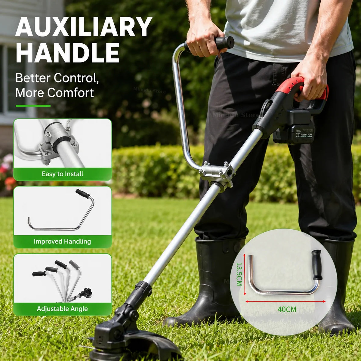 A person holds a silver auxiliary handle for a trimmer, demonstrating better control and comfort.