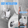 A set of toilet brush and plunger with a holder is shown for easy installation in a bathroom.
