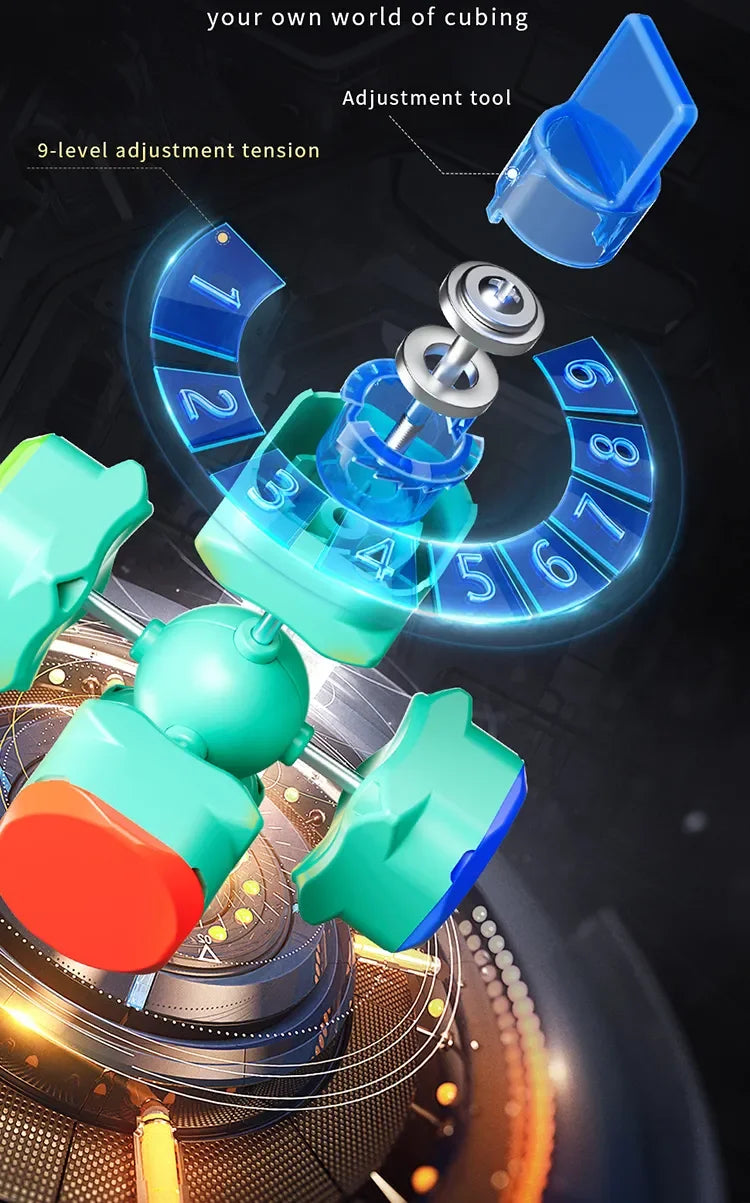 A blue and green magnetic speed cube is shown with an adjustment tool, demonstrating 9-level adjustment tension.