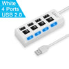 White USB 2.0 multi-port hub with four ports and blue LED indicators.
