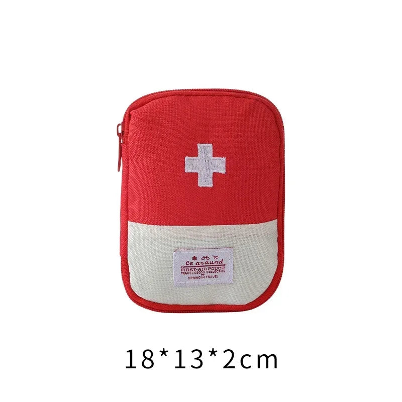 A red pouch-style organizer bag for a mini first aid kit with a white cross emblem.