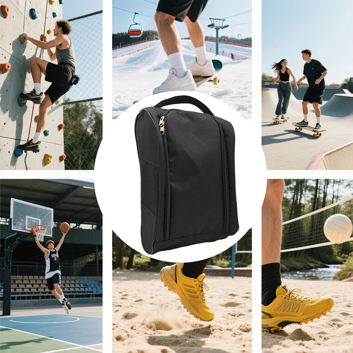 A black breathable oxford cloth shoe storage bag is shown next to a person wearing yellow athletic shoes on sand.