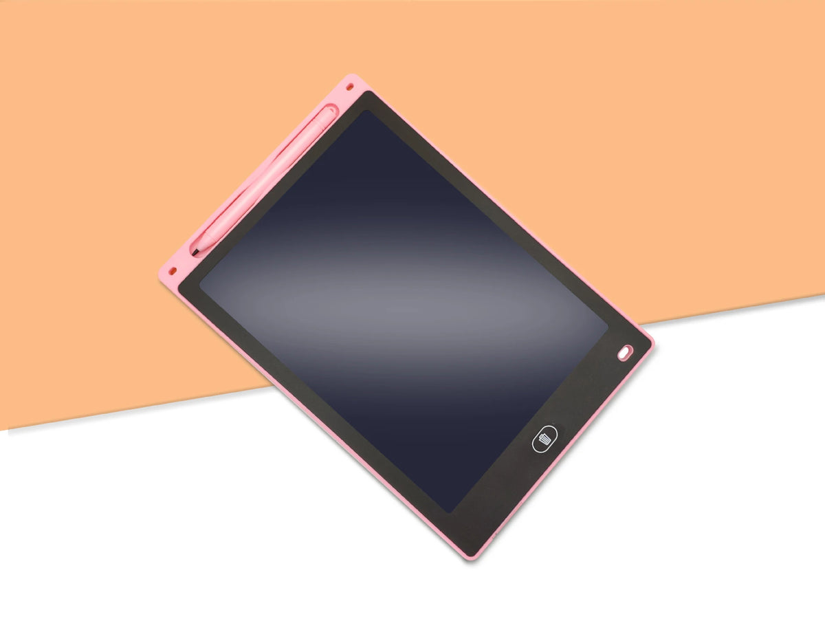 Pinkes, justierbares LCD-Zeichen-Tablet liegt auf einer hellorange Oberfläche.