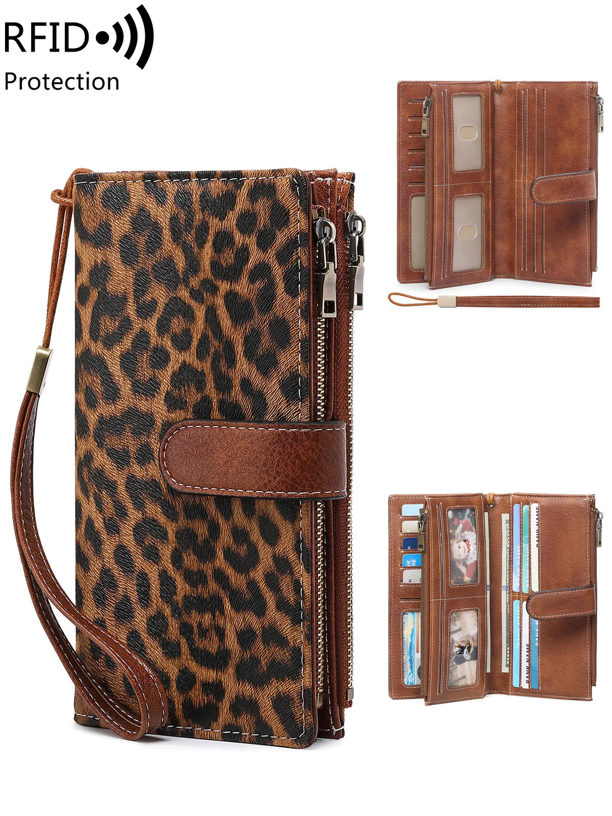Vintage RFID-Blocking Long Wallet with Wristlet Strap