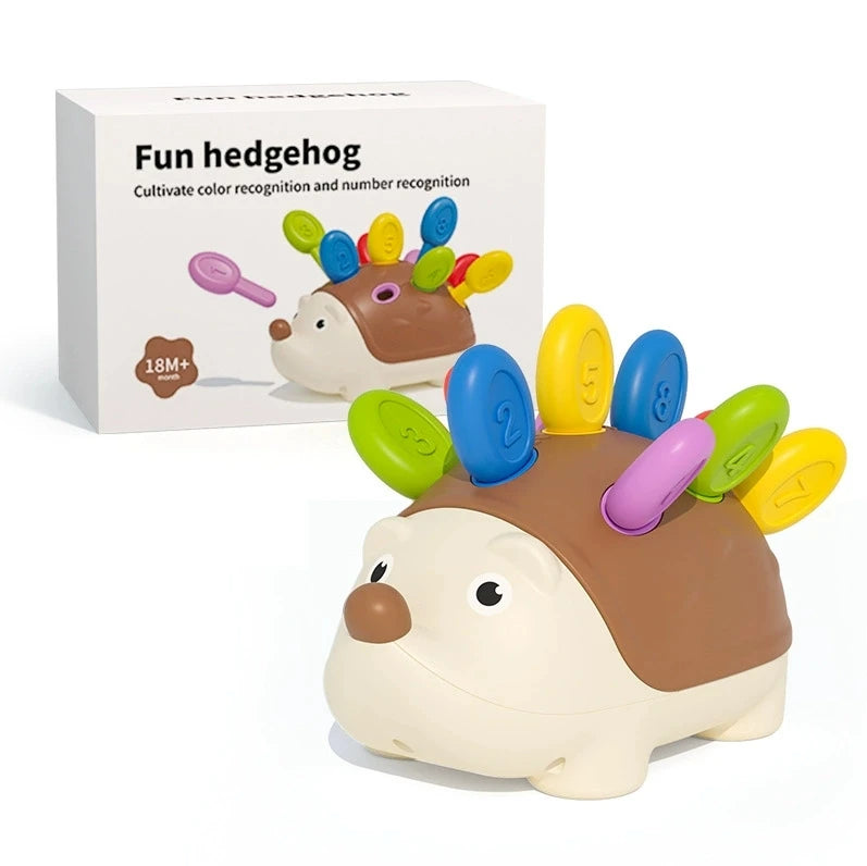Ein Eichhörnchen-Sensorspielzeug mit farbigen Stäbchen und Texturen neben seiner Verpackung.