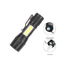 A black rechargeable zoomable LED flashlight with a clear light and a micro USB port.