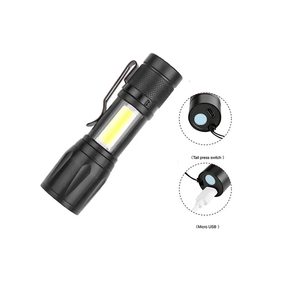 A black rechargeable zoomable LED flashlight with a clear light and a micro USB port.