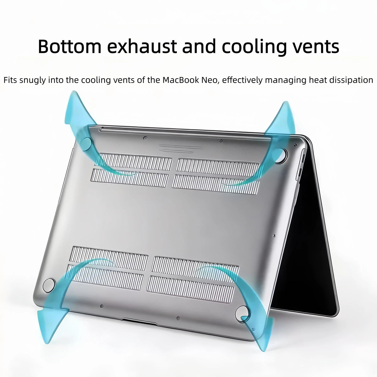 A laptop is shown with bottom exhaust and cooling vents fitted into the cooling vents for heat dissipation.