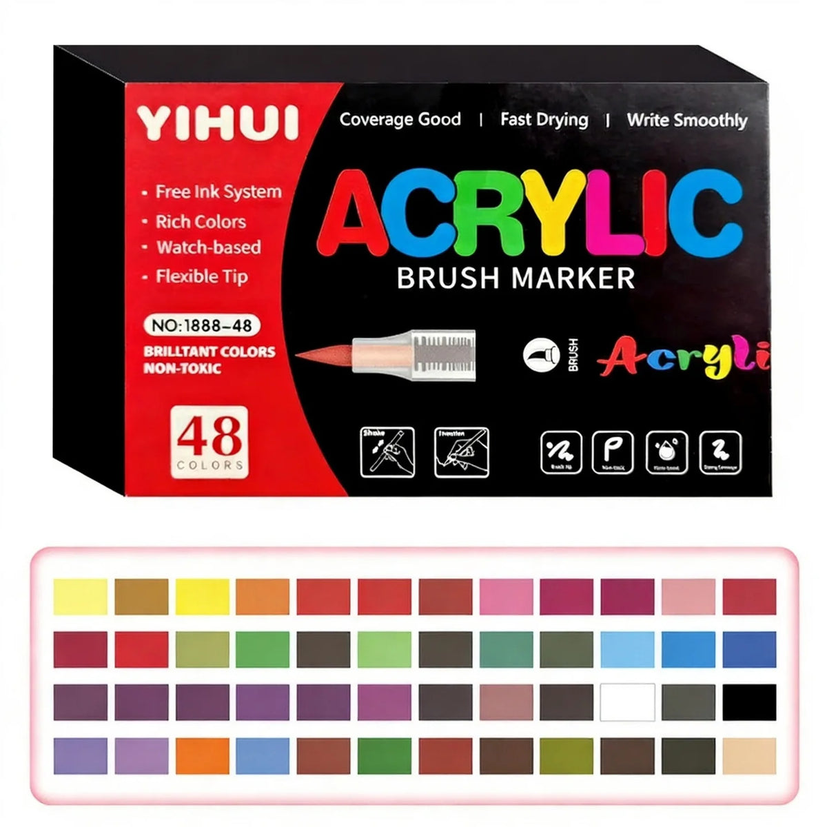 Ein Set von 48 Yihui Acryl-Brush-Markern in verschiedenen Farben auf weißem Hintergrund.