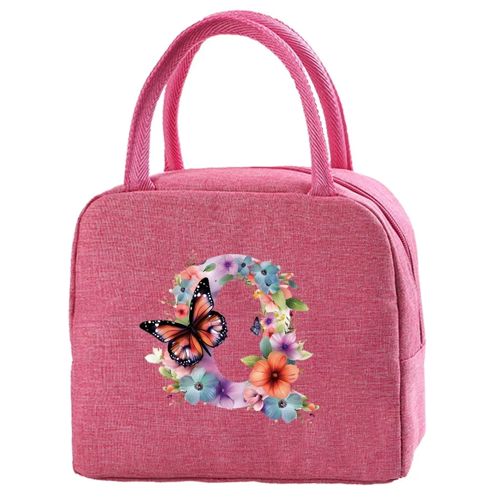 Insulated Canvas Lunch Bag with Butterfly Letter Pattern