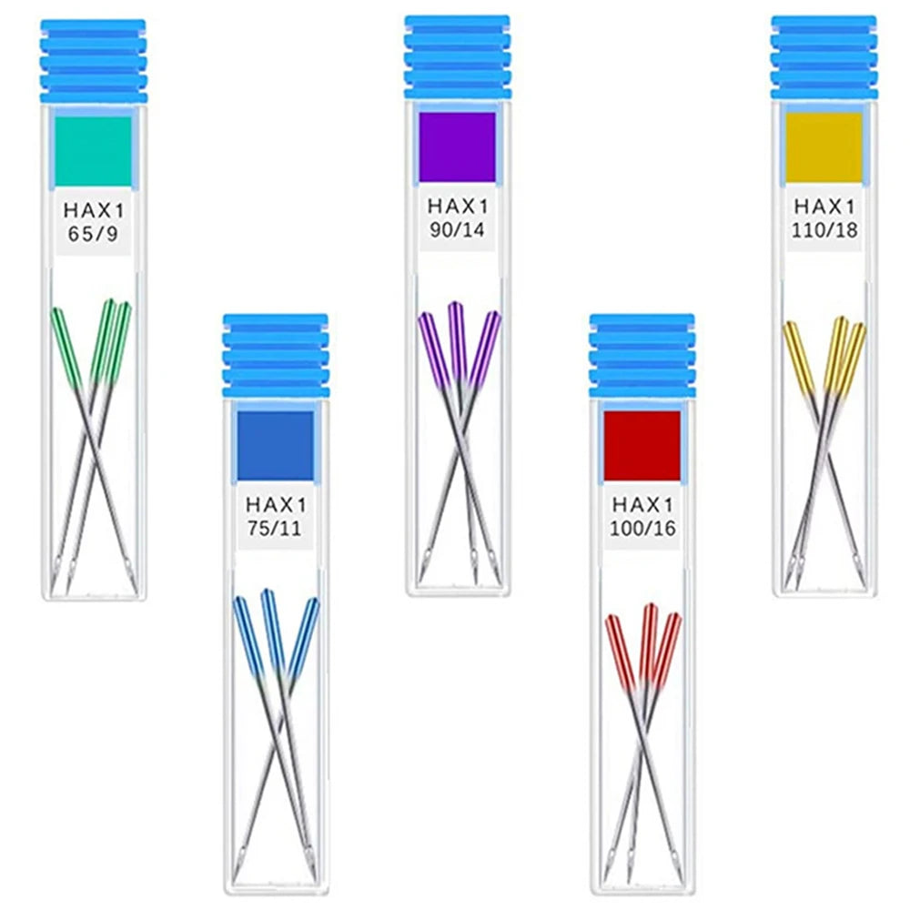 A set of six anti-jump sewing machine needles in various colors and sizes packaged in clear tubes.