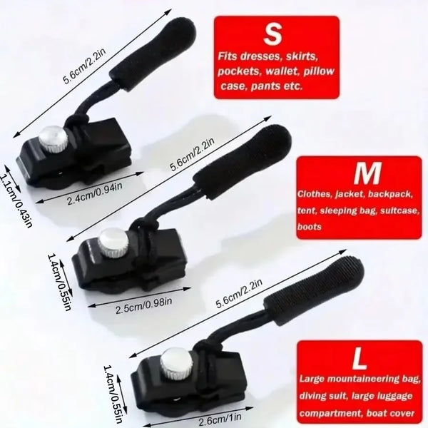 A set of three black zipper repair kits labeled S, M, and L showing different sizes for various clothing items.