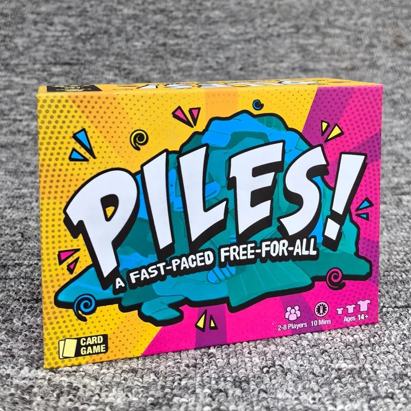 A box of piles fast-paced free-for-all card game featuring colorful graphics and text