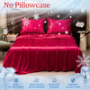 A set of luxury ice silk cooling bed sheets in deep pink and red with snowflake patterns displayed on a bed.