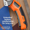 Orange cordless rotary scissors with an extended button shown on a wooden surface.