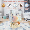 Wooden storage crate with handle for baby essentials and toys featuring various items like a toy, microphone, clothing, and p