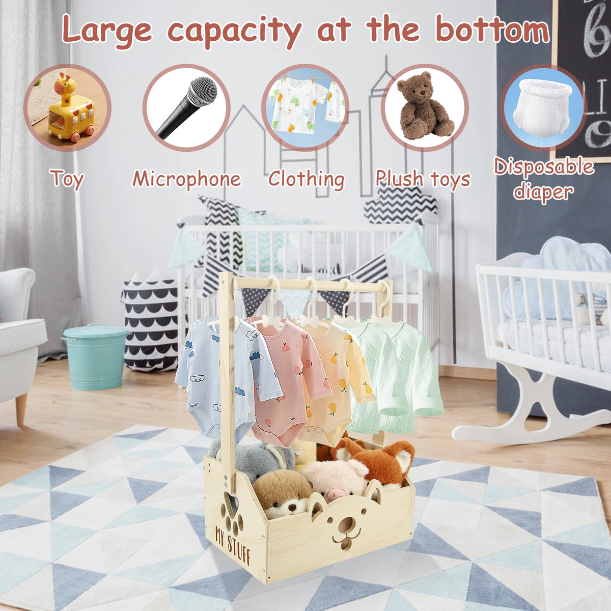 Wooden storage crate with handle for baby essentials and toys featuring various items like a toy, microphone, clothing, and p