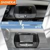 Before and after comparison of carbon fiber interior trim kit installation in a car dashboard.