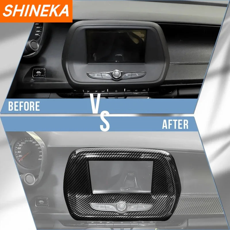 Before and after comparison of carbon fiber interior trim kit installation in a car dashboard.