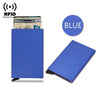 A blue slim metal RFID blocking card holder with a pop-up design displaying a credit card.