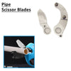 Two stainless steel pipe scissor blades shown next to a cordless multi-blade cutting shear tool.
