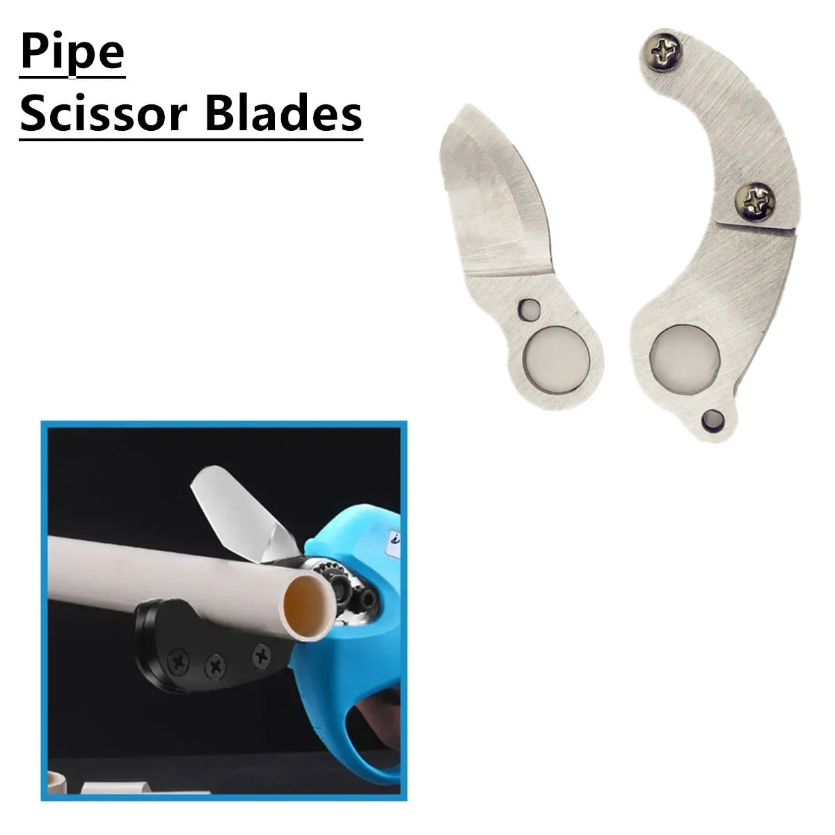Two stainless steel pipe scissor blades shown next to a cordless multi-blade cutting shear tool.