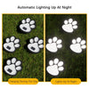 Four solar dog paw pathway lights showing charging during the day and illuminating at night