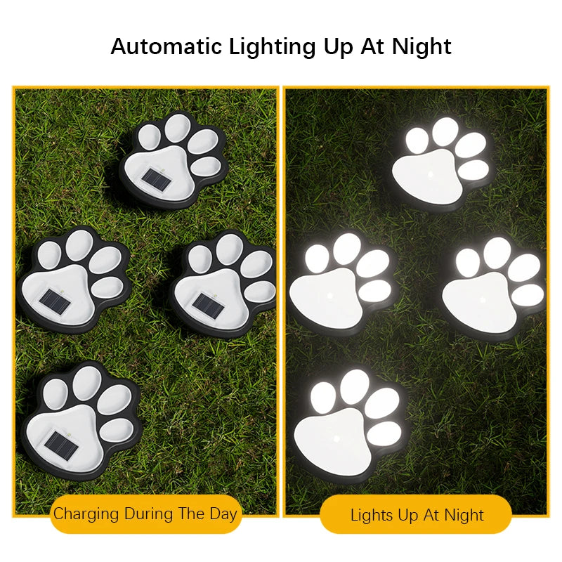 Four solar dog paw pathway lights showing charging during the day and illuminating at night