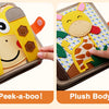 A Montessori giraffe busy board for toddlers featuring a plush body and educational activities.