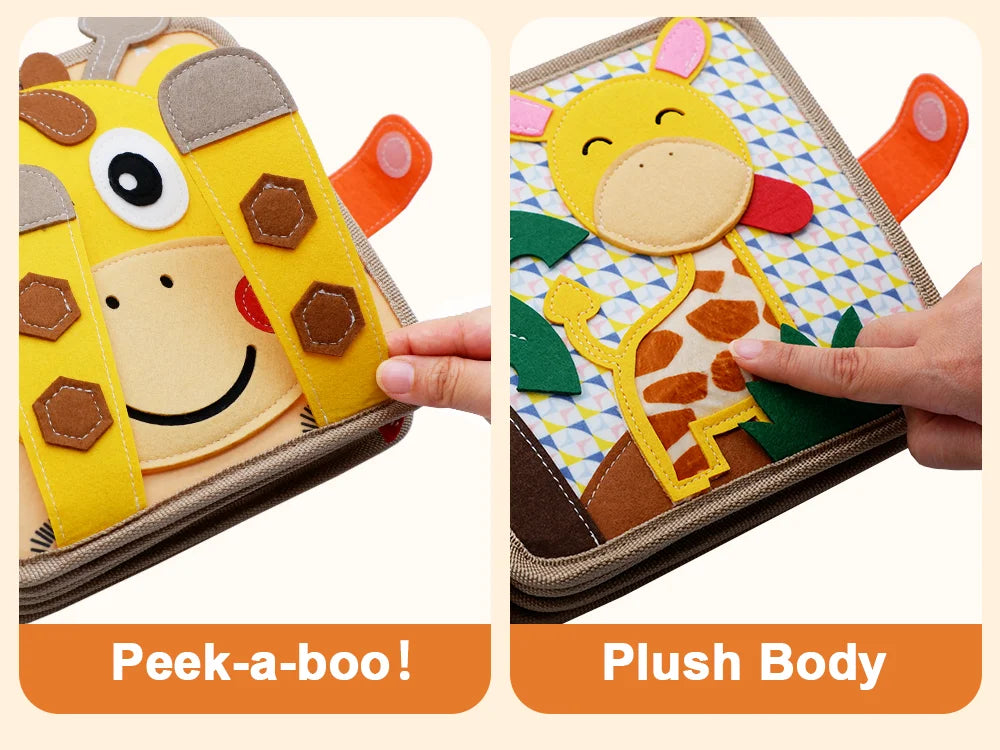 A Montessori giraffe busy board for toddlers featuring a plush body and educational activities.