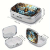 A portable metal pill organizer and jewelry case with a lid showing an intricate honeycomb pattern and a bee design.