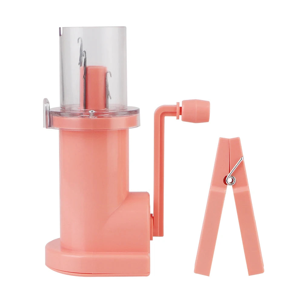 A pink portable hand-crank knitting tool for making bracelets and DIY crafts.