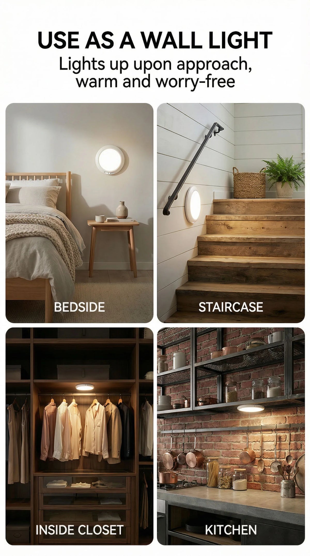 A set of rechargeable motion sensor lights shown in various contexts: bedside, staircase, closet, and kitchen.